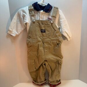 OshKosh B'gosh Baby Boy 12 Month Tan Overalls‎ Shirt Set Plaid Trim Vintage